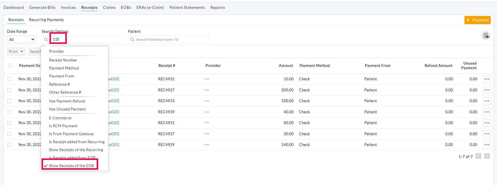 Show Receiots of the EOB Option