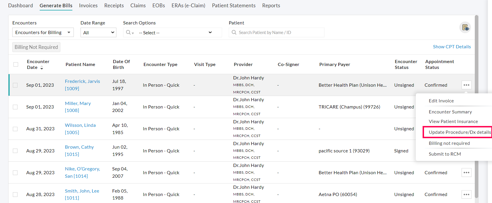 Update Procedure/DX Details