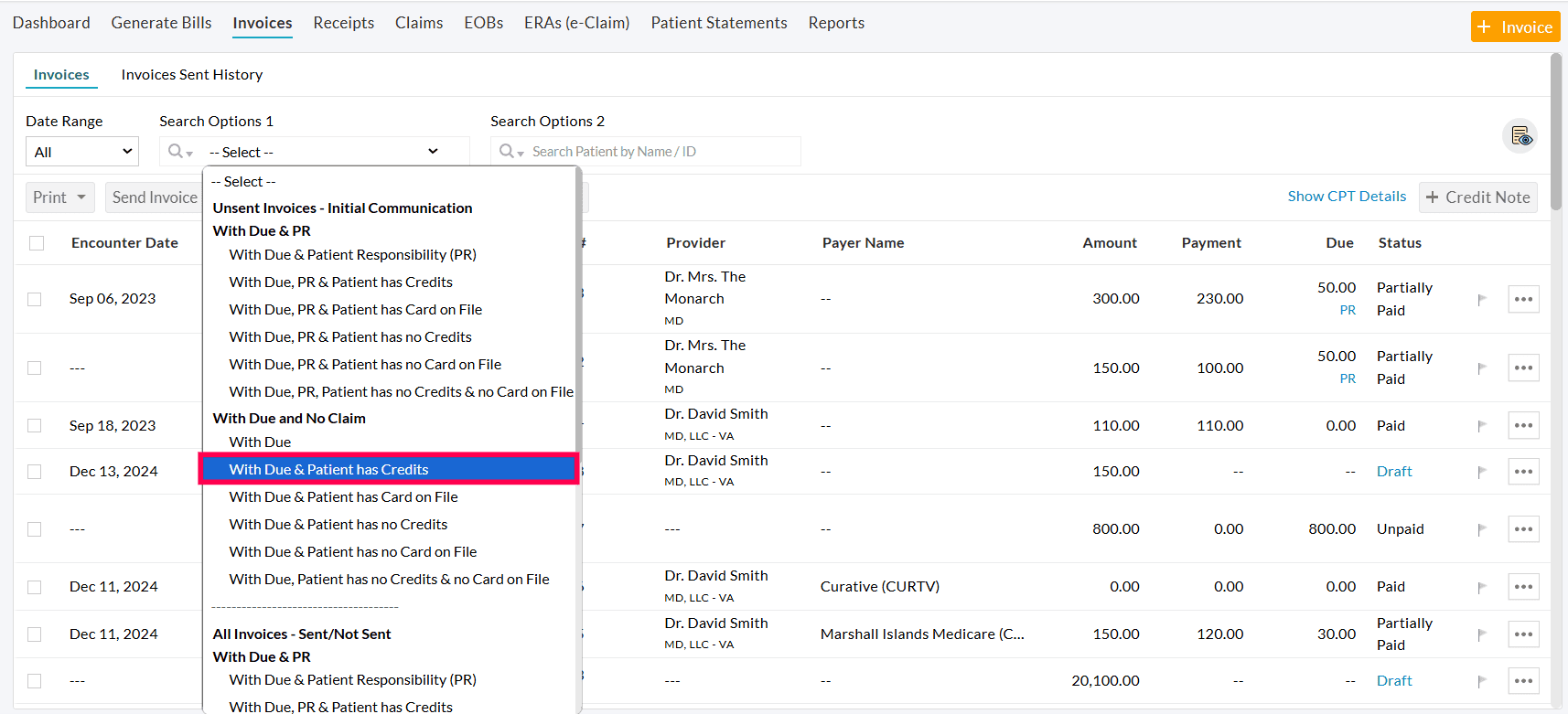 With Due and Patient has Credits for Self Pay