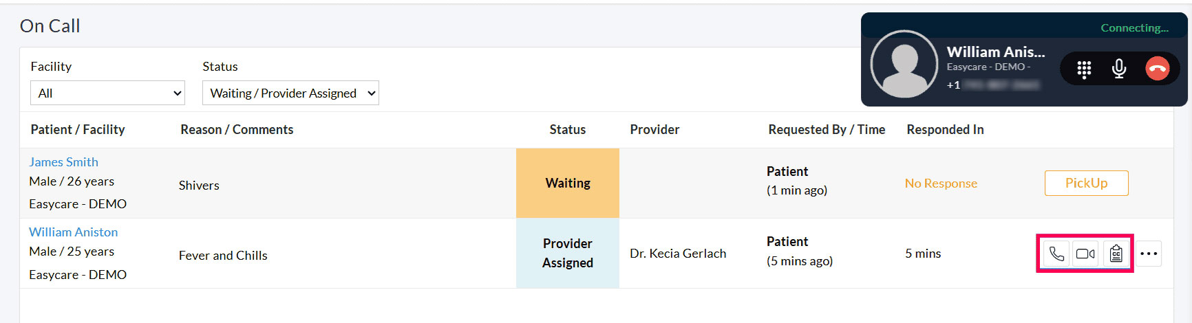 Actions in On Call Request