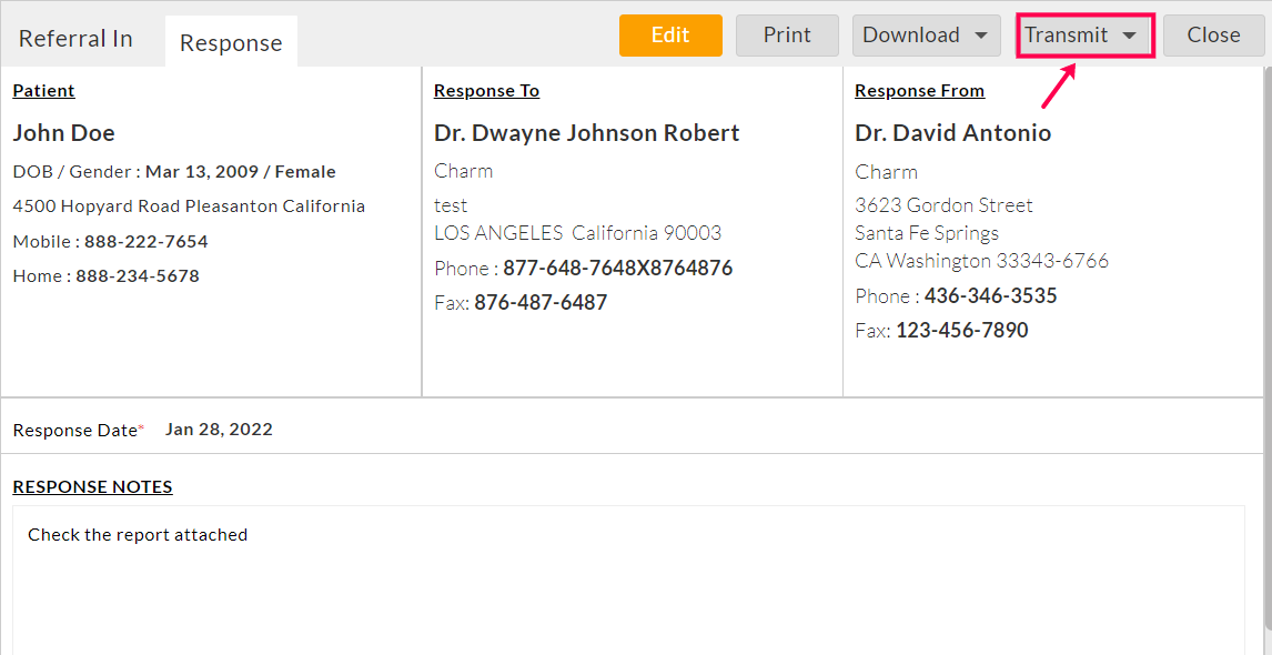 Transmit Referral Response