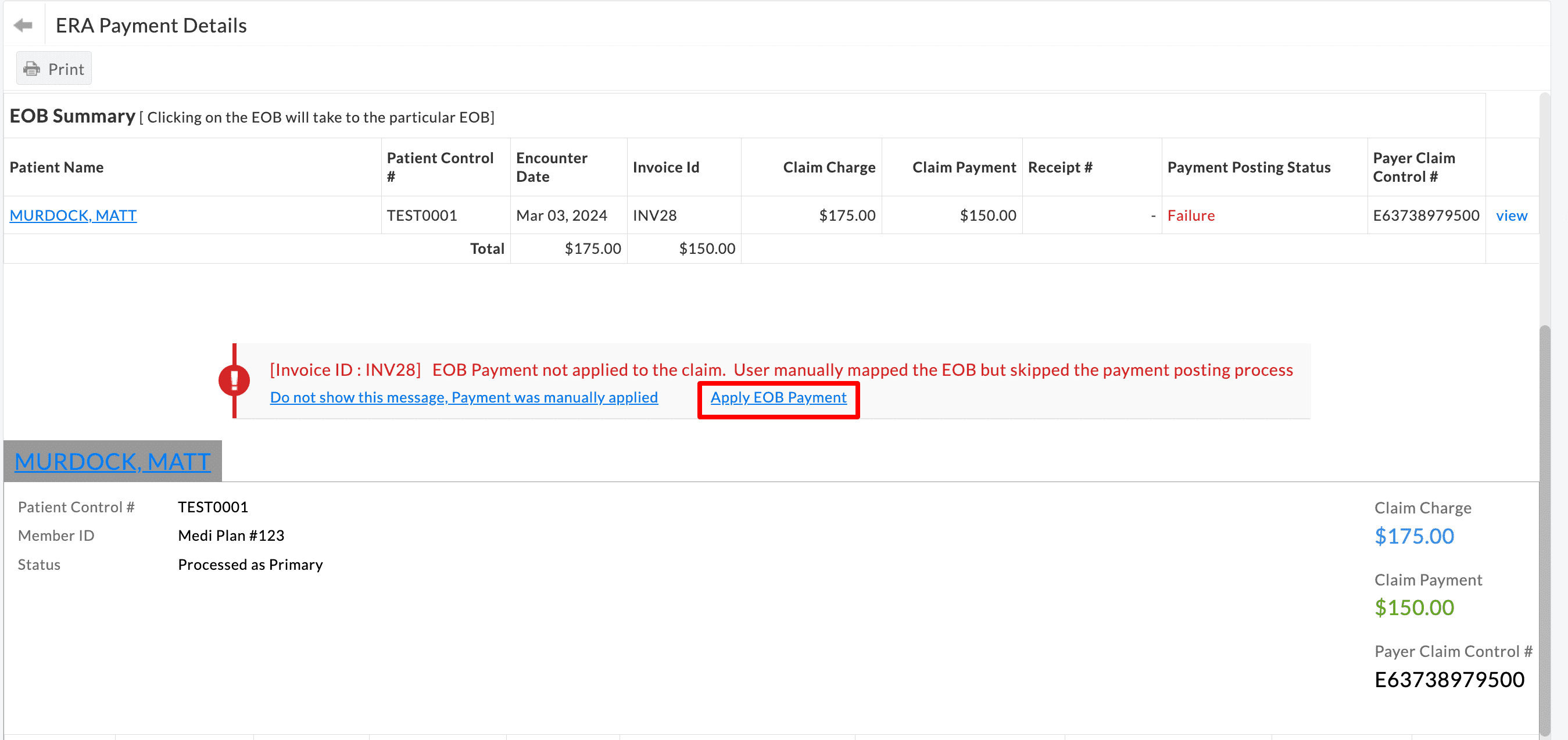 Apply EOB Payment