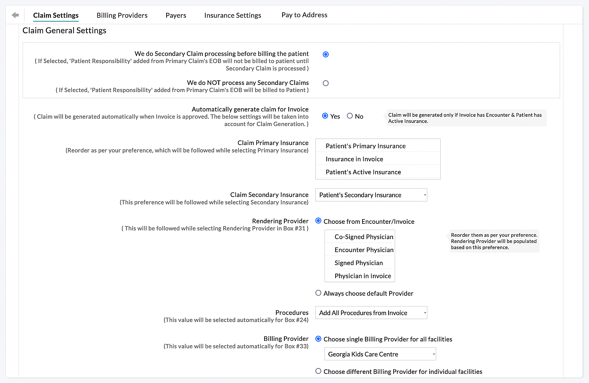 Billing Claim Settings
