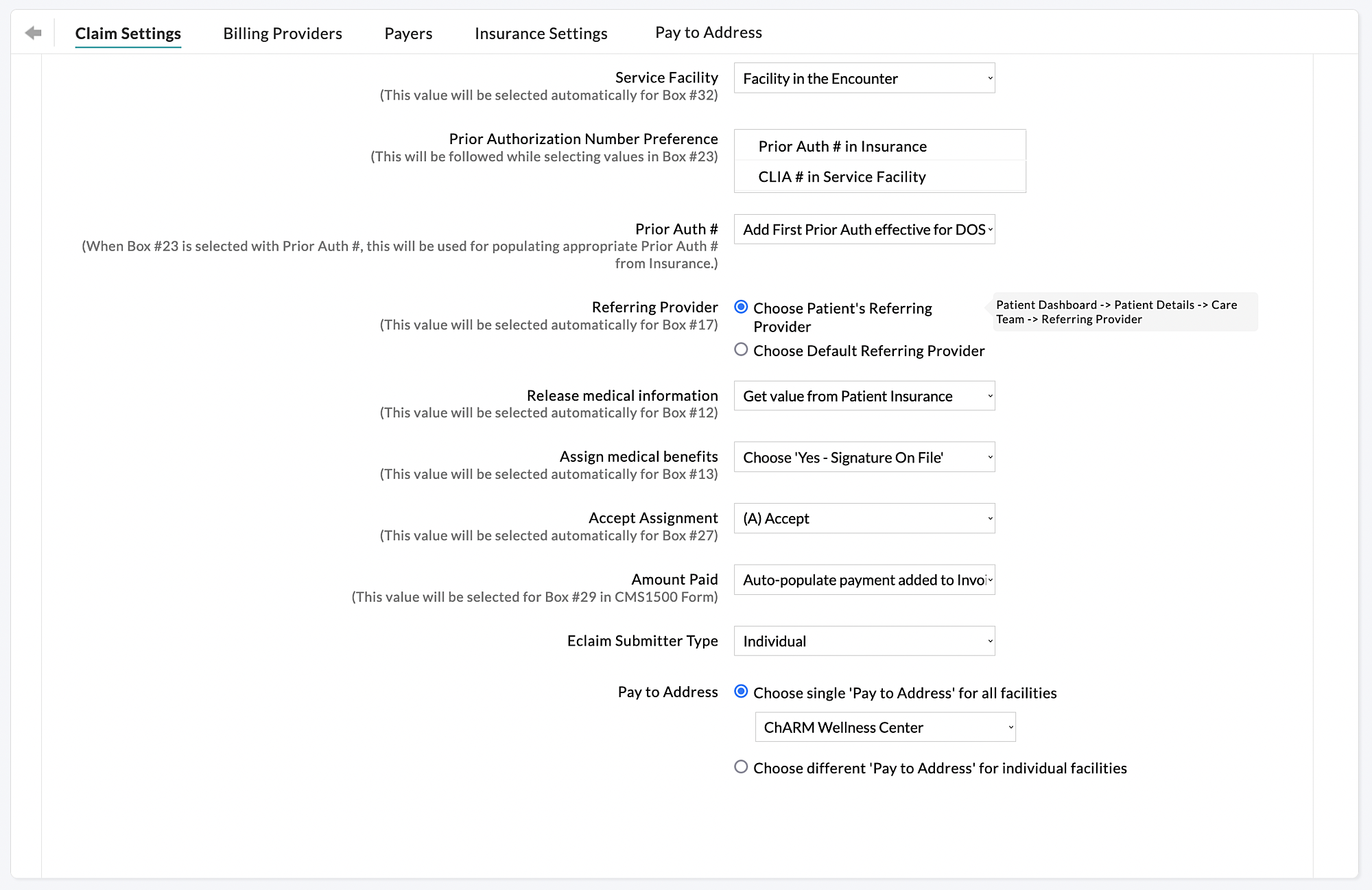 Billing Claim Settings