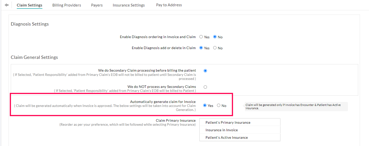 Claim Generation Settings
