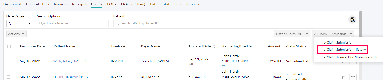 eClaim Submission History Option