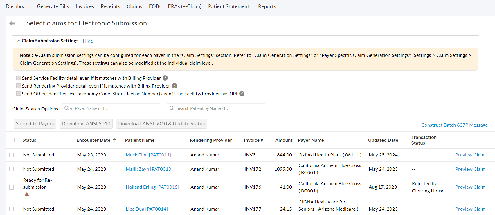 eClaim Submission View