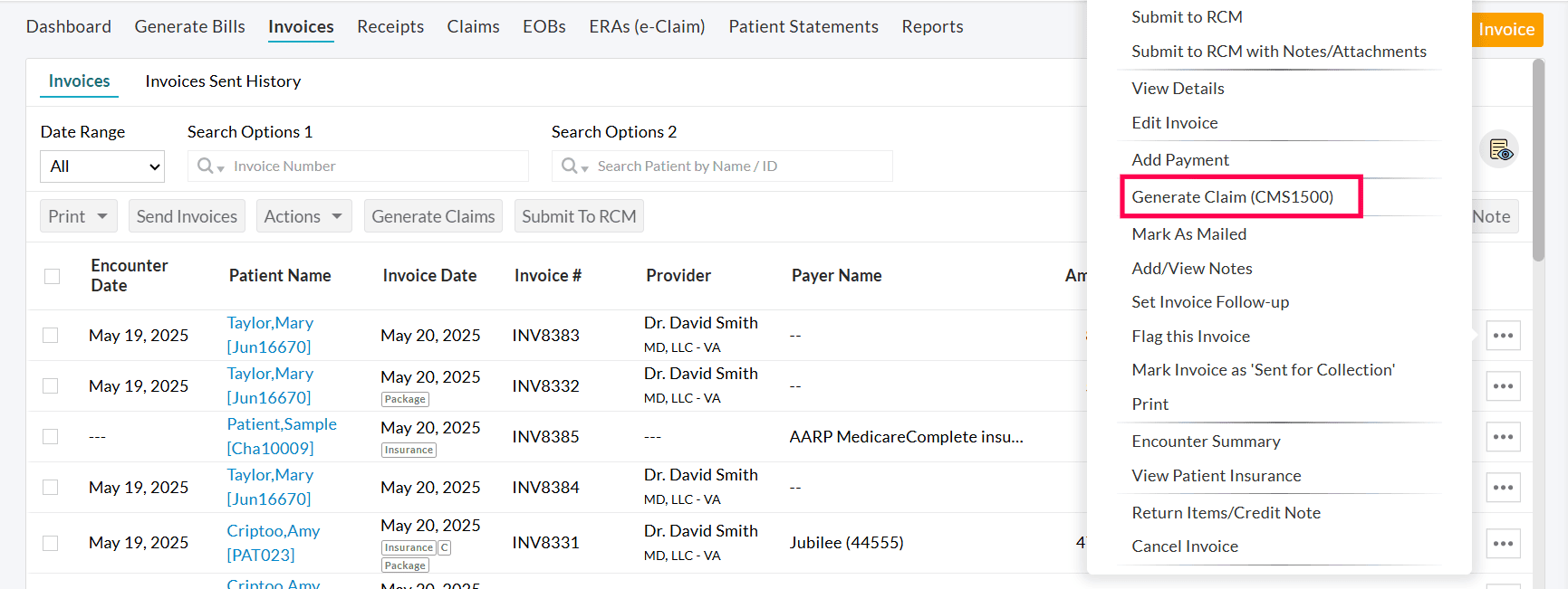Generate Claim (CMS1500)