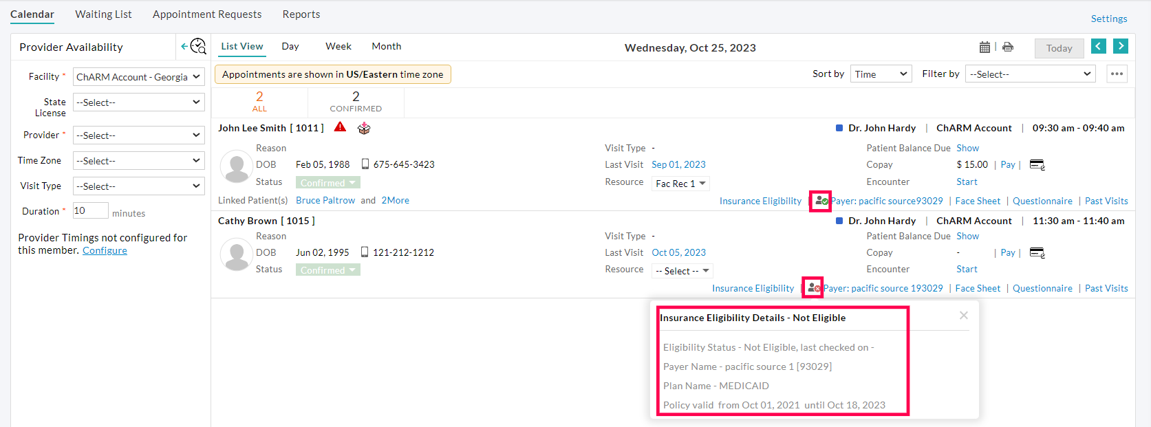 Insurance Eligibility Details - Not Eligible