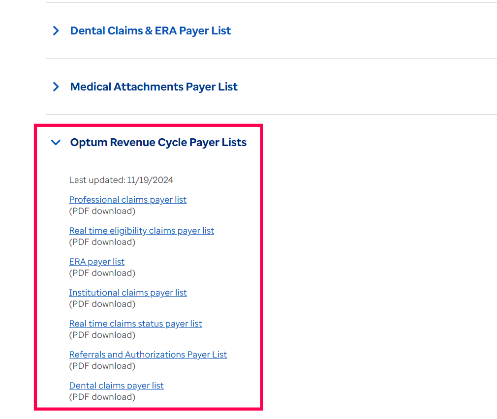 Optum Revenue Cycle Payer Lists
