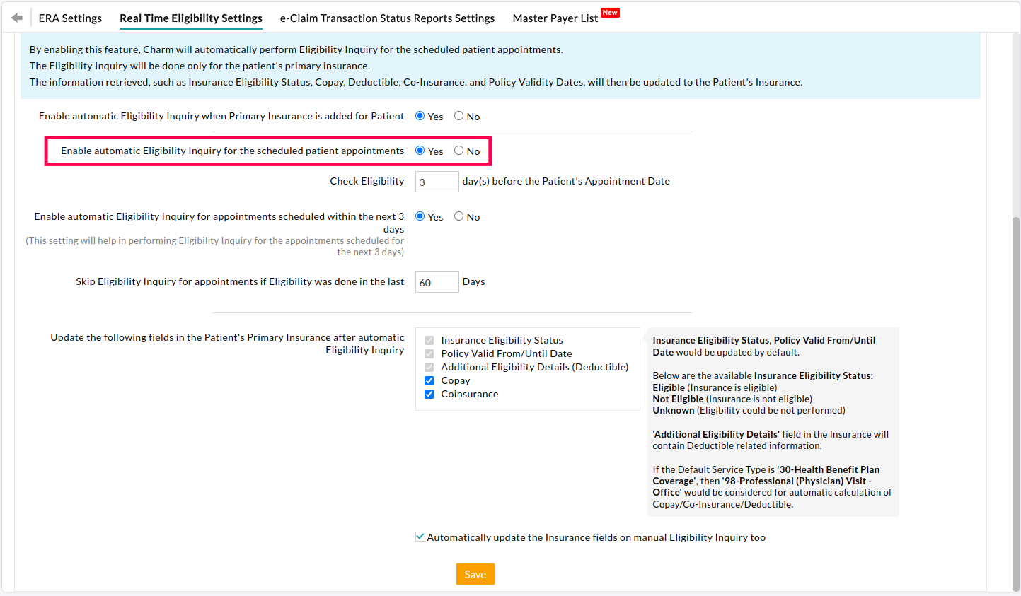 Real Time Eligibility Settings