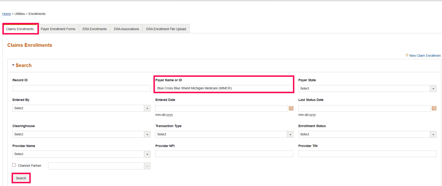 Search Claim Enrollments