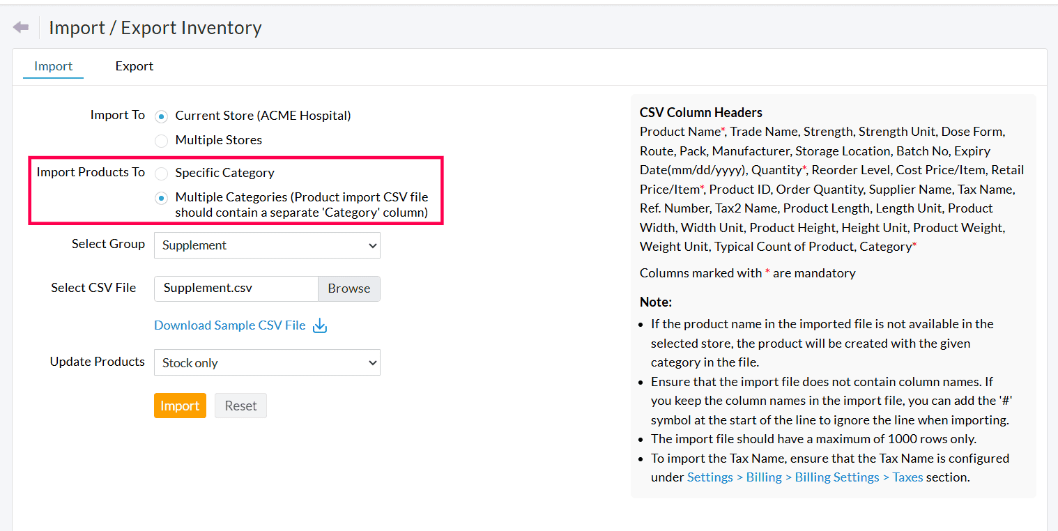 Import with Categories