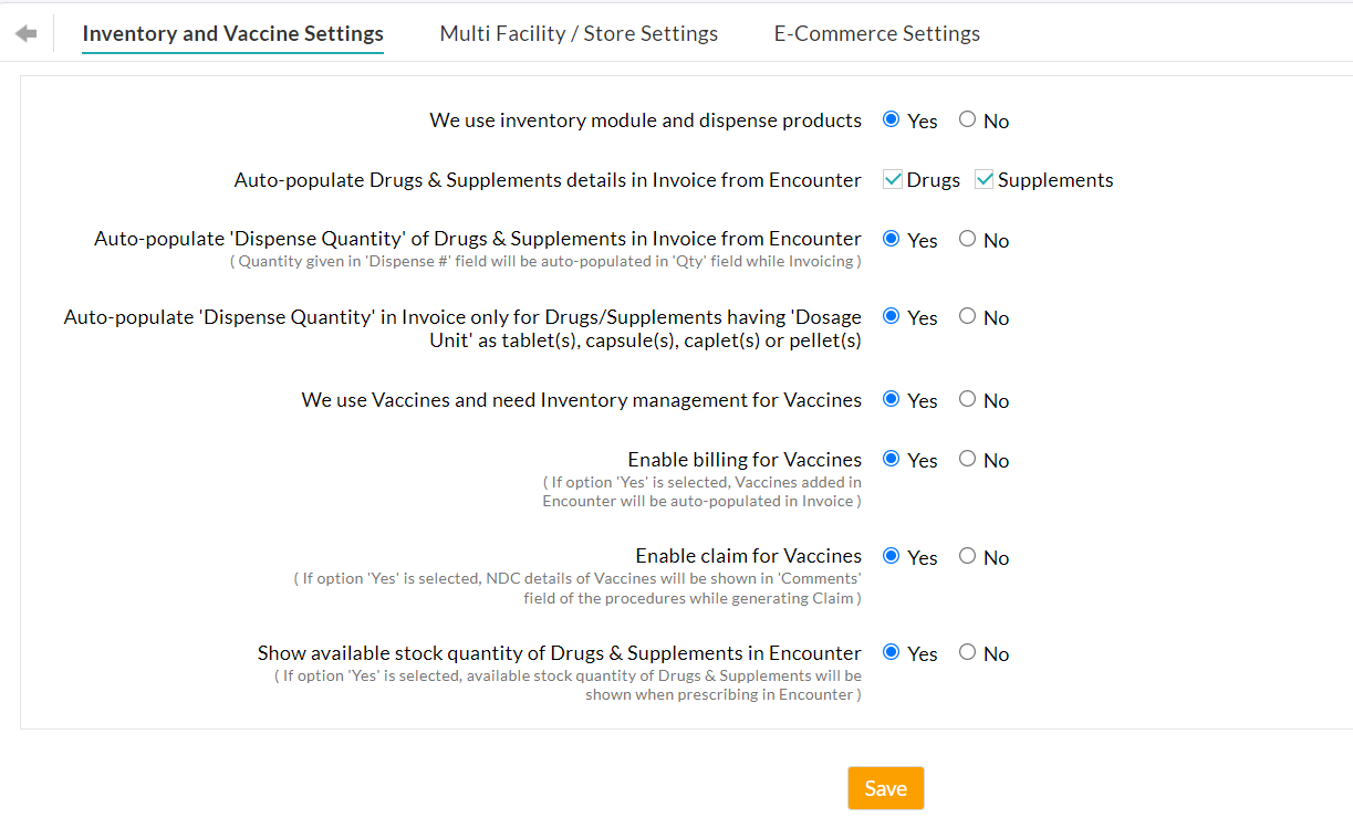 Inventory and Vaccine Settings