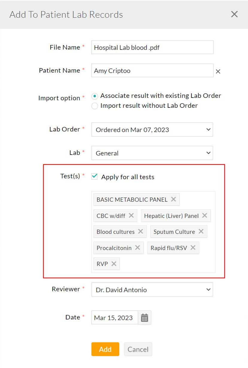 Add To Patient Lab Records