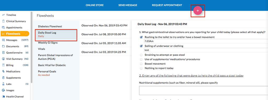 PHR Flowsheet Entries