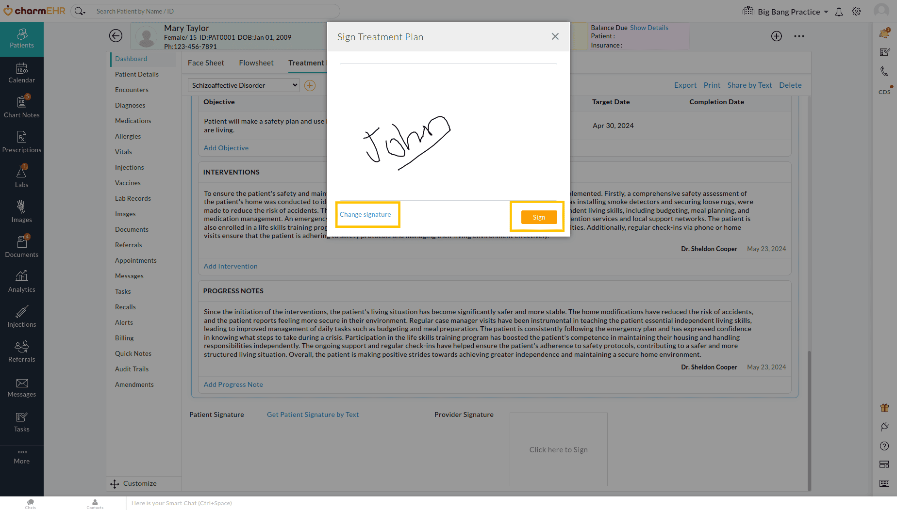 Sign Treatment Plan