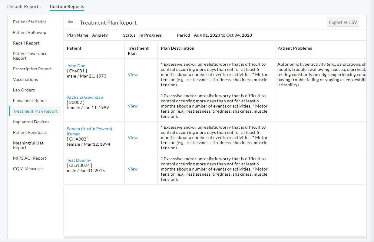 Treatment Plan Report View
