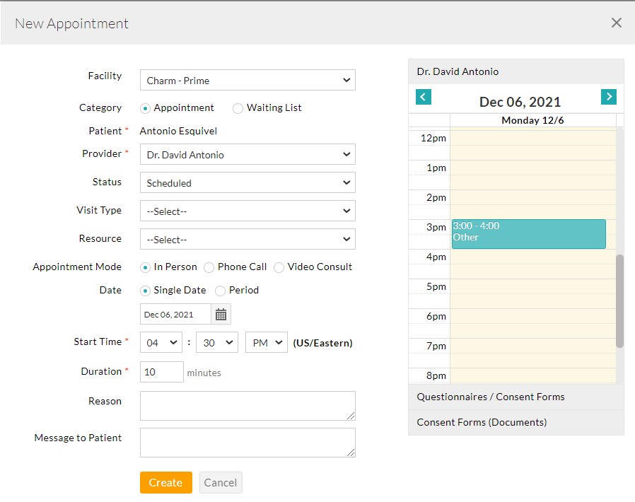 New Appointment Window