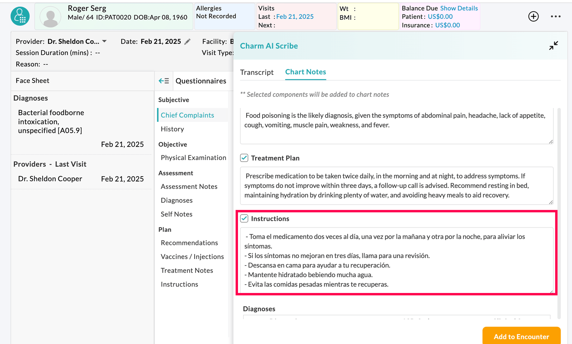 Instructions in Chart Note