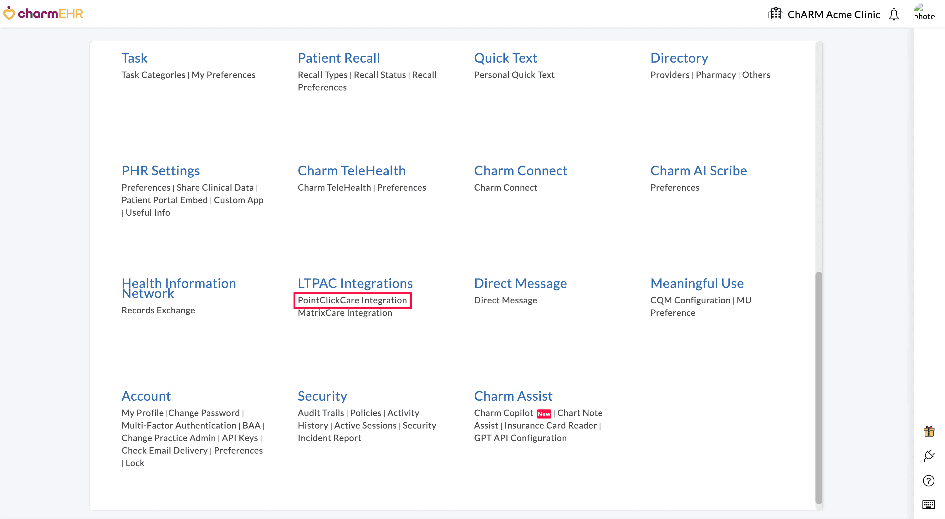 Settings Pointclickcare