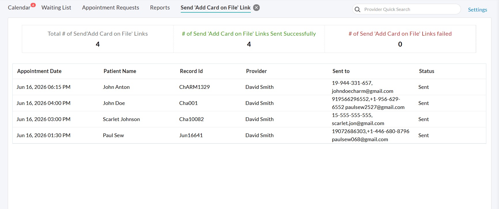 Add Card on File Link Sent Report