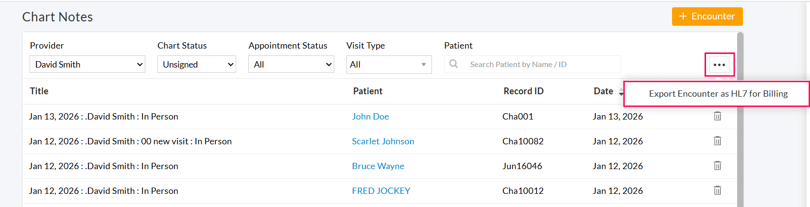 Export Encounter Option in Chart Note