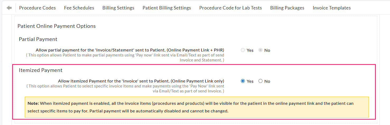 Itemized Payment Setting