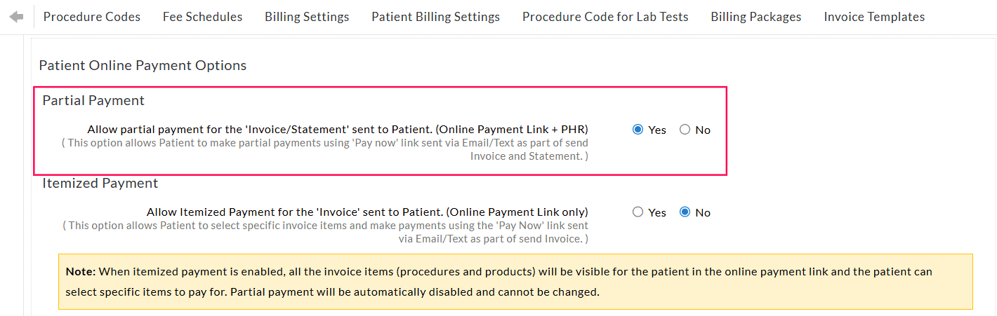 Partial Payment Setting