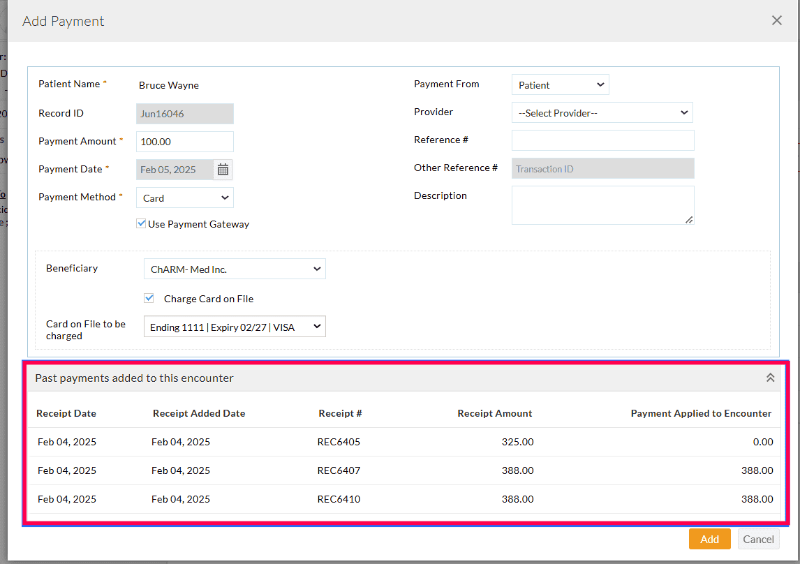 Past Payments Added to Encounter