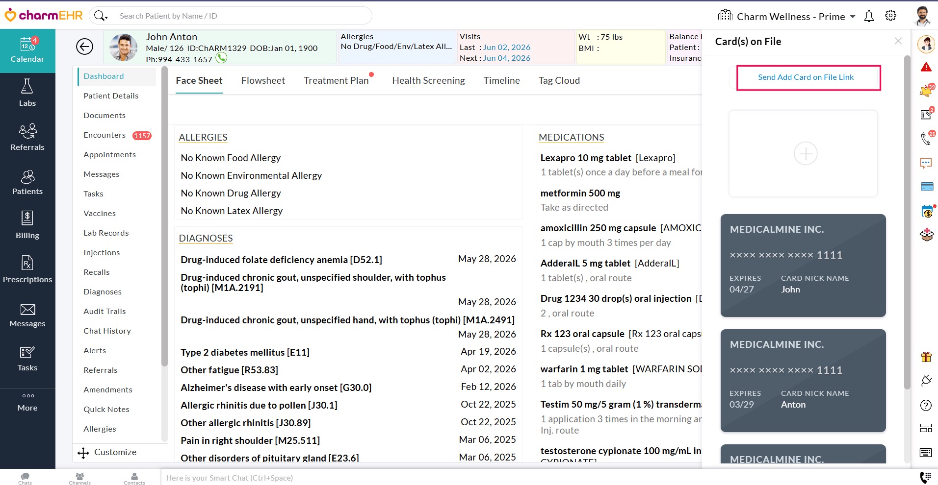 Send Add Card on File Link from Patient Dashboard
