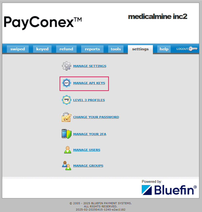 Payconex Manage API Keys