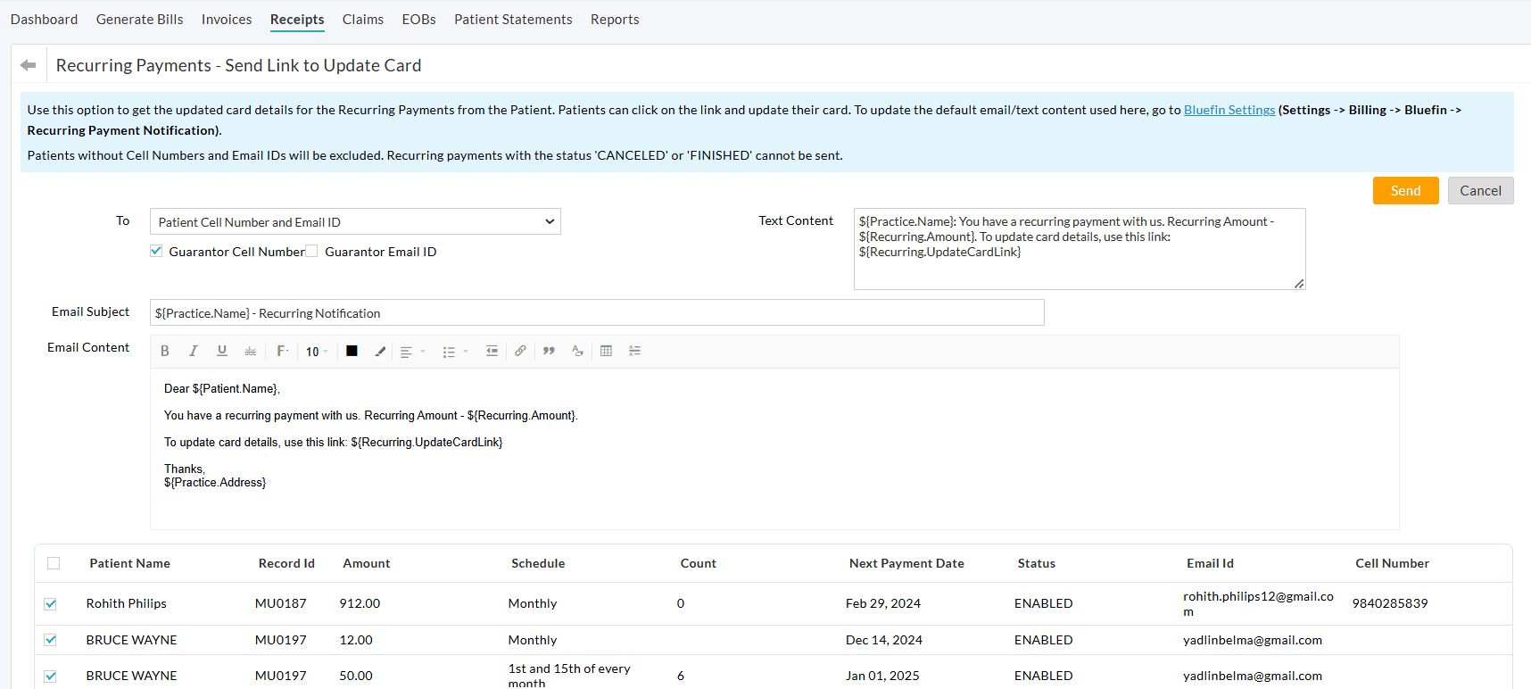 Recurring Payment Send Link to Update Card Screen