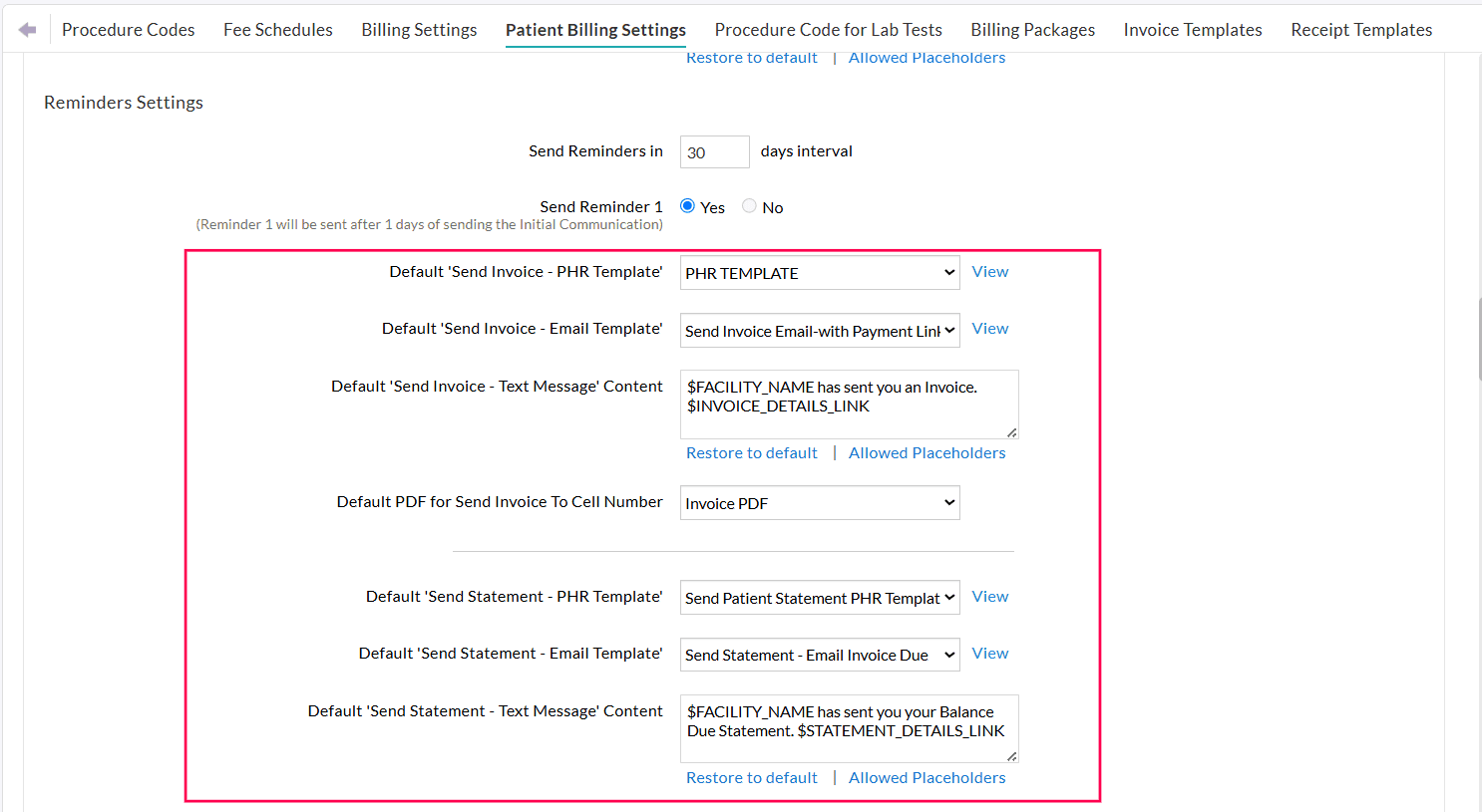 Reminder Template Configuration