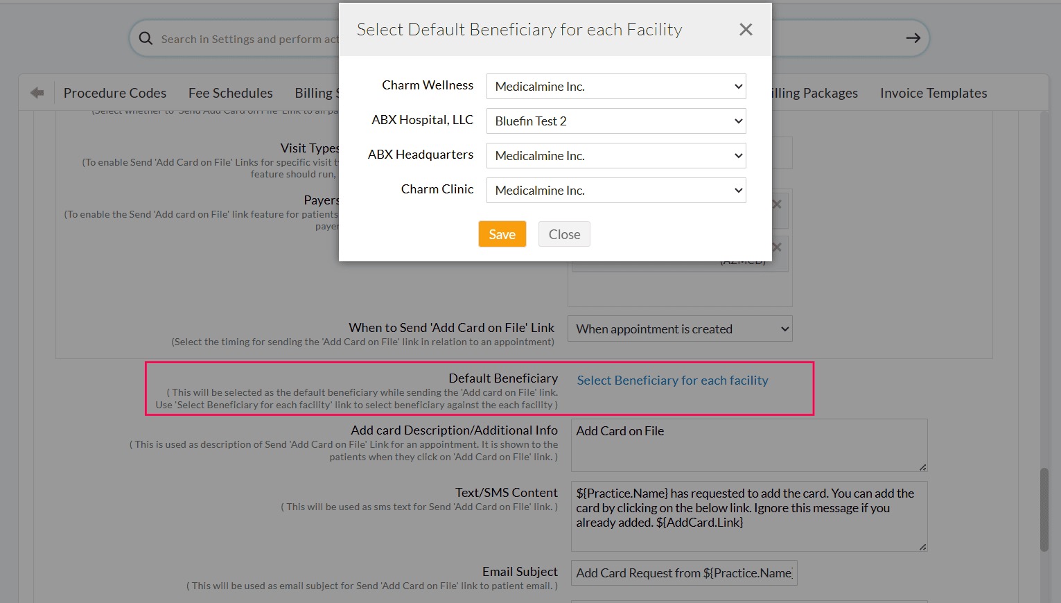 Select Default Beneficiary for each Facility