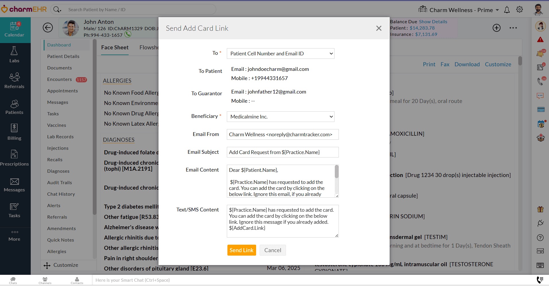 Send Add Card Link Window