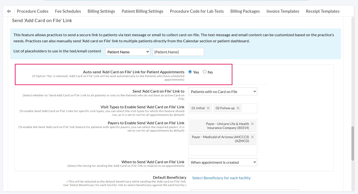 Send Add Card on File Link Settings