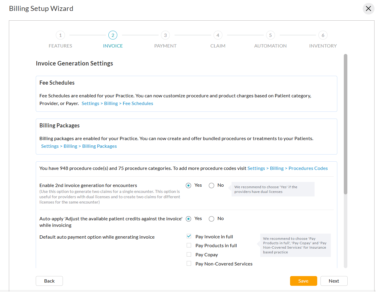 Setup Wizard Invoice Generation Settings