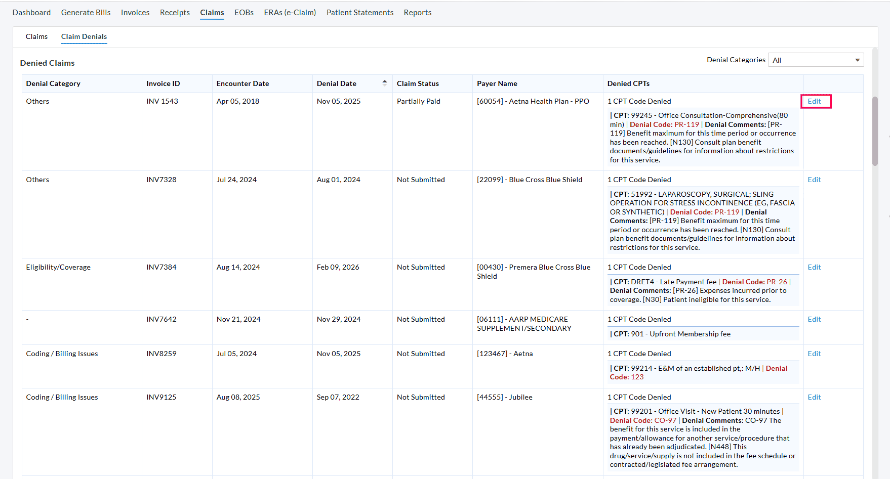 Show All Denial Categories