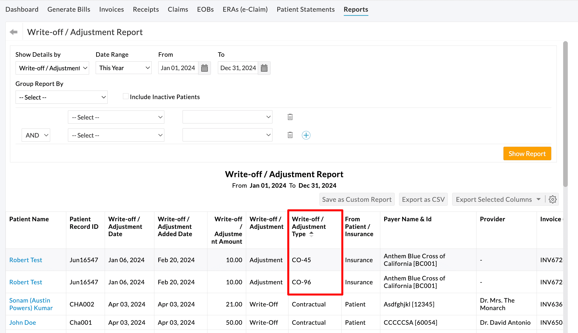Write off Adjustment Type Report
