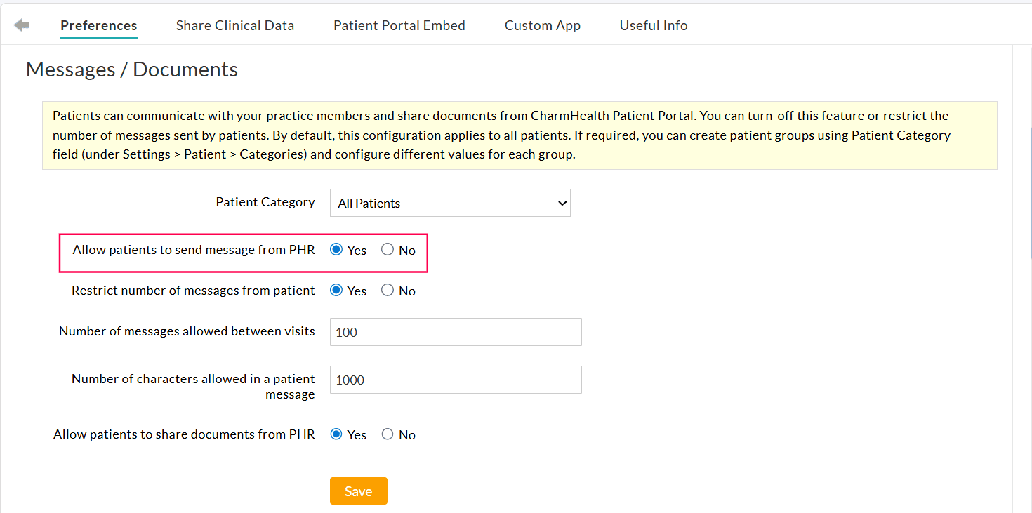 PHR Message Preferences Settings